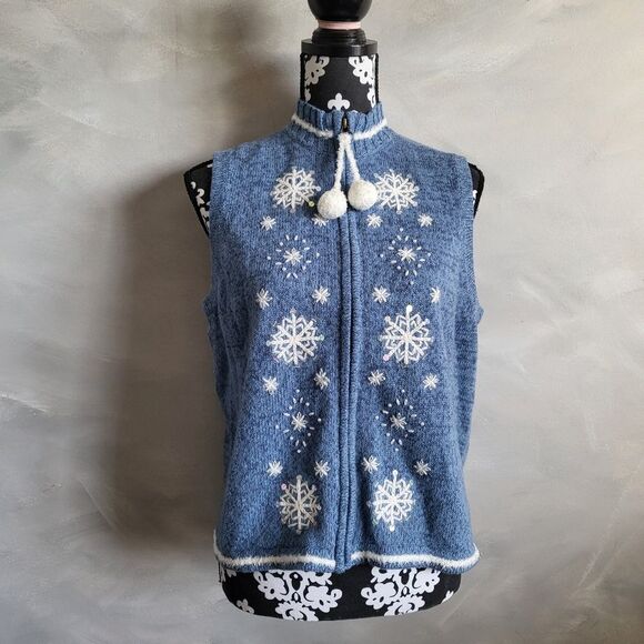 Breckenridge Blue Snowflake Embroidered Zip Vest Petite Large Rabbit Hair Wool - Picture 1 of 9